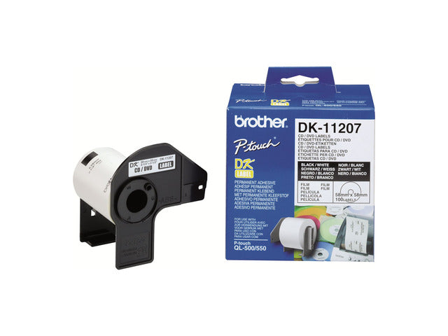 Brother DK11207 - Etiquetas Originales Precortadas Circulares para CD/DVD - 58 mm de Diametro - 100 Unidades - Texto negro sobre fondo blanco