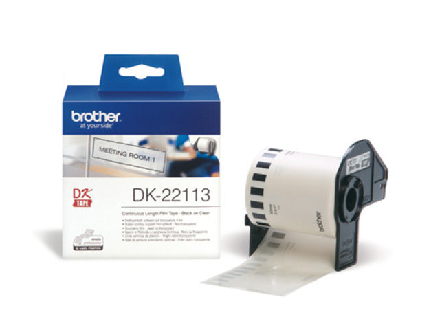 Brother DK22113 - Etiquetas Originales de Tamaño personalizado - Ancho 62mm x 15,24 metros - Texto negro sobre fondo transparente