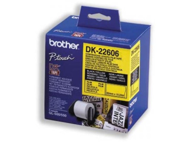 Brother DK22606 - Etiquetas Originales de Tamaño personalizado - Ancho 62mm x 15,24 metros - Texto negro sobre fondo amarillo