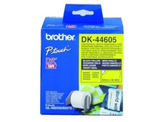 Brother DK44605 - Etiquetas Removibles Originales de Tamaño personalizado - Ancho 62mm x 30,48 metros - Texto negro sobre fondo amarillo