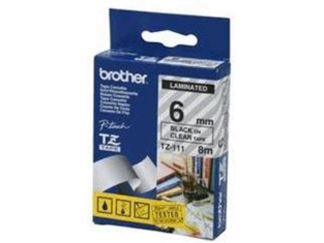 Brother TZe111 Cinta Laminada Original de Etiquetas - Texto negro sobre fondo transparente - Ancho 6mm x 8 metros