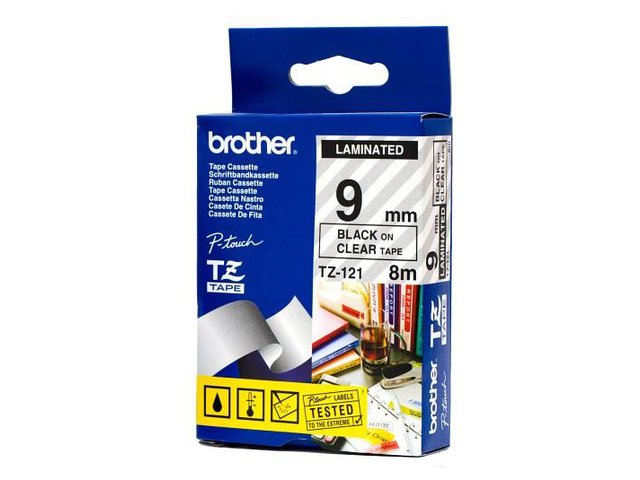 Brother TZe121 Cinta Laminada Original de Etiquetas - Texto negro sobre fondo transparente - Ancho 9mm x 8 metros