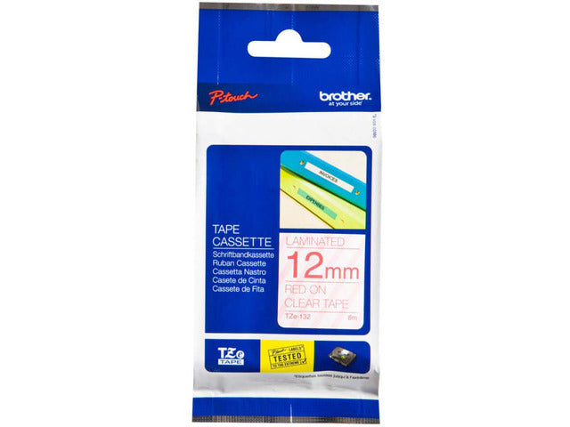 Brother TZe132 Cinta Laminada Original de Etiquetas - Texto rojo sobre fondo transparente - Ancho 12mm x 8 metros