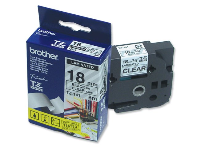 Brother TZe141 Cinta Laminada Original de Etiquetas - Texto negro sobre fondo transparente - Ancho 18mm x 8 metros