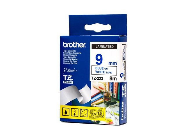 Brother TZe223 Cinta Laminada Original de Etiquetas - Texto azul sobre fondo blanco - Ancho 9mm x 8 metros