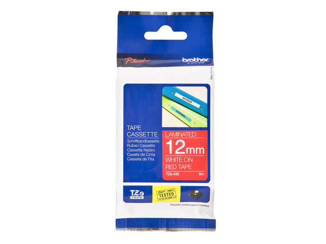 Brother TZe435 Cinta Laminada Original de Etiquetas - Texto blanco sobre fondo rojo - Ancho 12mm x 8 metros