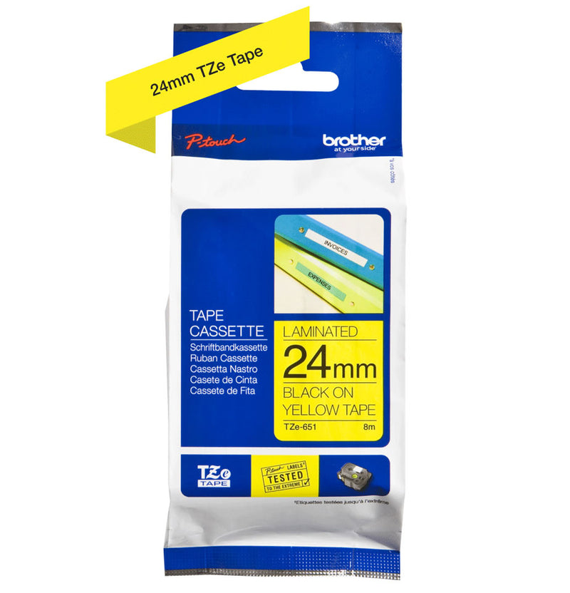 Brother TZe651 Cinta Laminada Original de Etiquetas - Texto negro sobre fondo amarillo - Ancho 24mm x 8 metros
