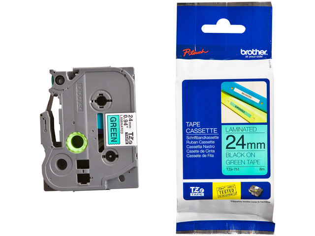 Brother TZe751 Cinta Laminada Original de Etiquetas - Texto negro sobre fondo verde - Ancho 24mm x 8 metros