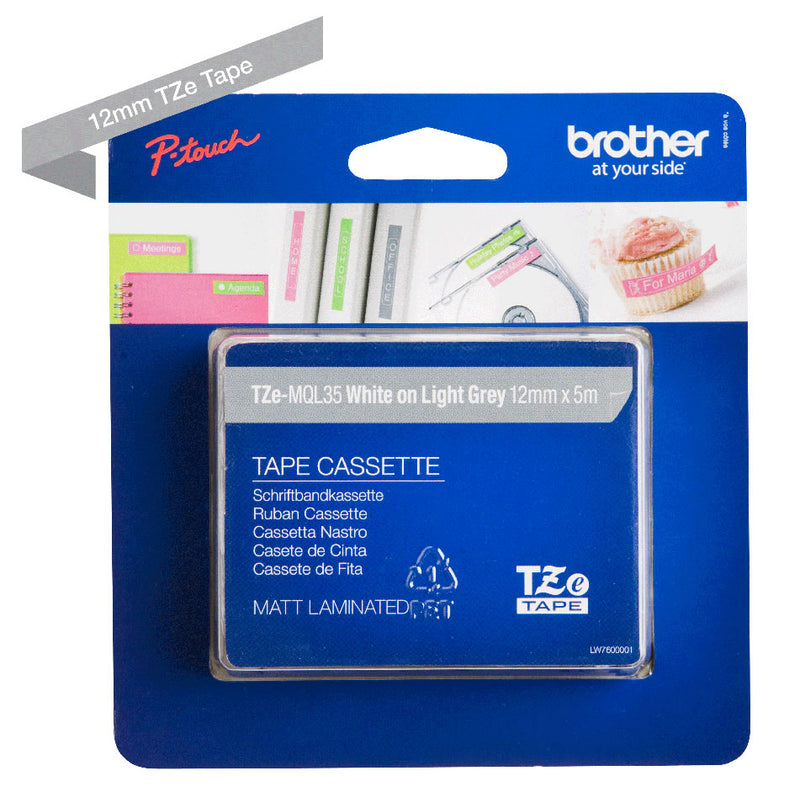 Brother TZEMQL35 Texto Blanco fondo Gris Claro Cinta Original