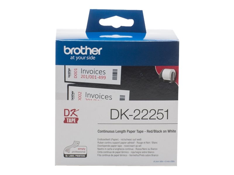 Brother DK22251 - Etiquetas Originales de Tamaño personalizado - Ancho 62mm x 15,24 metros - Texto rojo y negro sobre fondo blanco