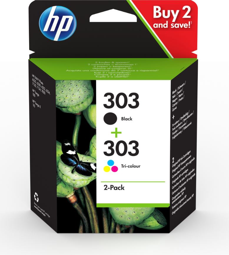 HP 303 Negro + Color Pack de 2 Cartuchos de Tinta Originales - 3YM92AE