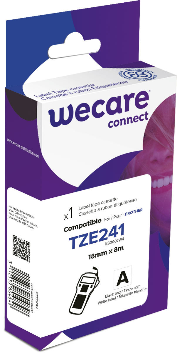 Armor Wecare TZE241 18mm Cinta Adhesiva Texto Negro Sobre Blanco 8m Compatible Premium Brother