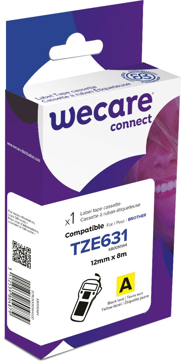 Armor Wecare TZE631 12mm Cinta Adhesiva Texto Negro Sobre Amarillo 8m Compatible Premium Brother