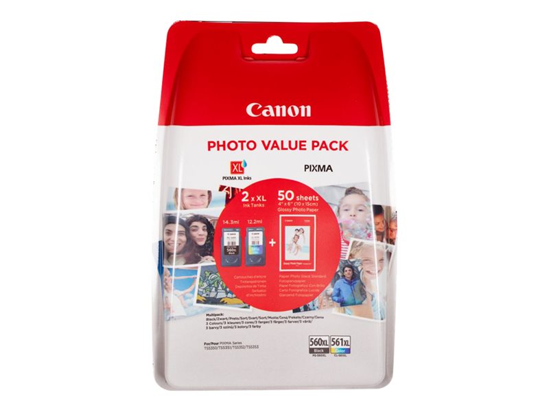 Canon PG560XL Negro + CL561XL Color Pack de 2 Cartuchos de Tinta Originales - 50 Hojas de Papel Fotografico - 3712C004