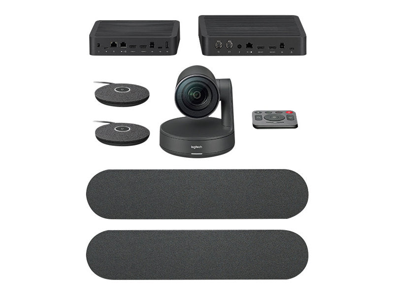 Logitech Rally Plus Kit de Videoconferencias Camara PTZ Ultra HD 4K USB-C 3.0 - 2x Altavoz con Cancelacion de Eco - 2x Microfono con Alcance hasta 4.5m - Hub de Pantalla y Hub de Sobremesa - Mando a Distancia - Color Negro