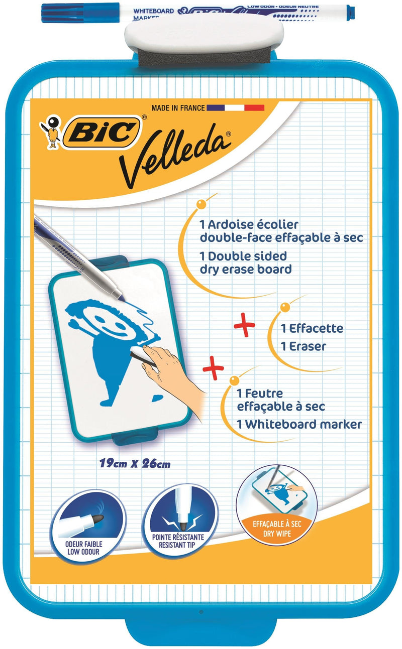 Bic Velleda Pizarra Escolar Dos Superficies Blanca y Milimetrada + 1 Marcador Velleda Azul + 1 Borrador - Dimensiones: 26x19 cm