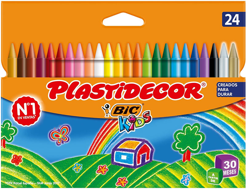 Bic Kids Plastidecor Caja de 24 Lapices de Cera - Extraresistentes - Facil de Sacar Punta - No Mancha