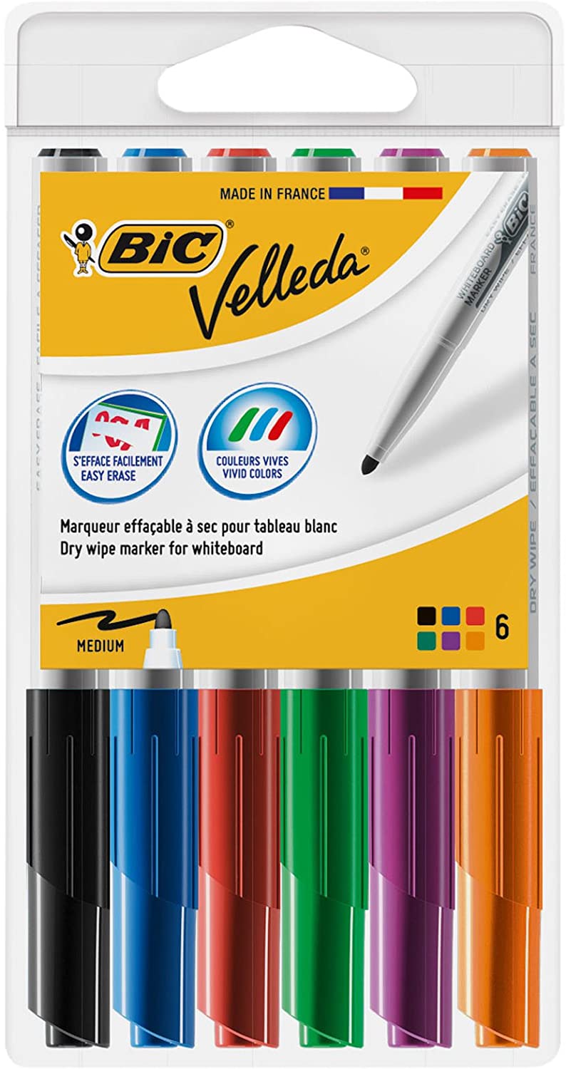 Bic Velleda 1741 Pack de 6 Rotuladores para Pizarra - Punta media - Trazo de 1.4mm - Borrado Optimo - Colores Surtidos