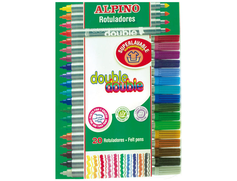 Alpino Pack de 24 Rotuladores de Doble Punta - Caja 20+4 - Pinta Grueso o Fino con un Mismo Rotulador - Superbrillantes y Superlavables - Colores Surtidos