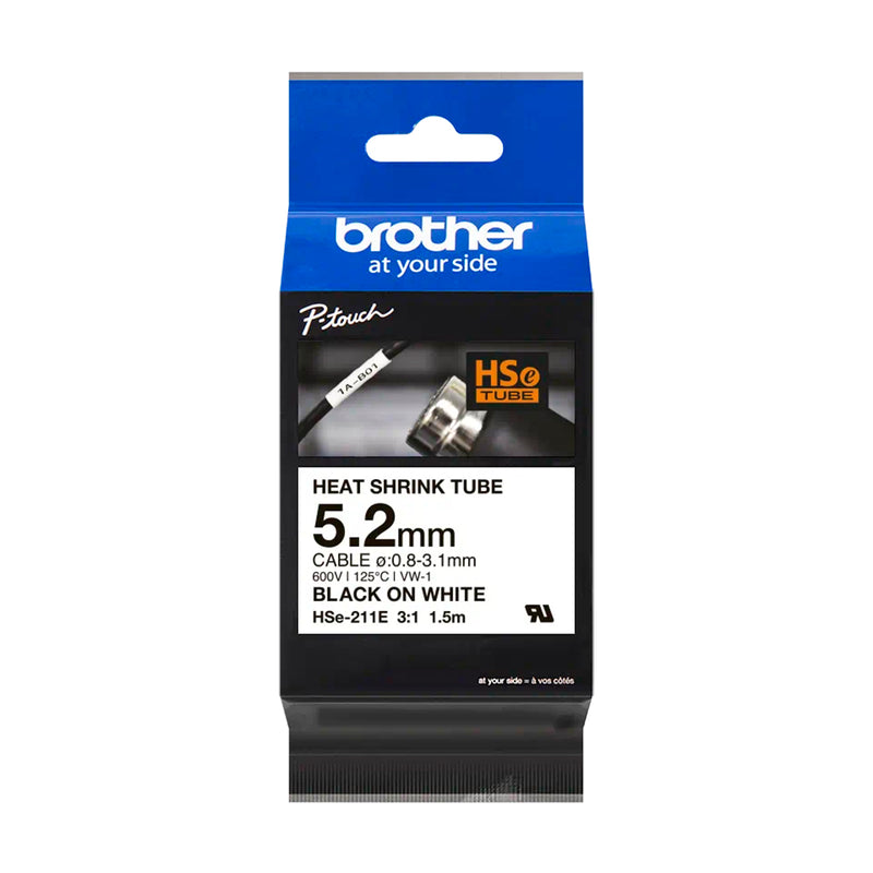 Brother HSE211E Cinta Tubo Termorretractil Original de Etiquetas para Cables - Texto negro sobre fondo blanco - Ancho 5.2mm x 1.5 metros - Cable recomendado Ø 0.8mm a 3.1mm