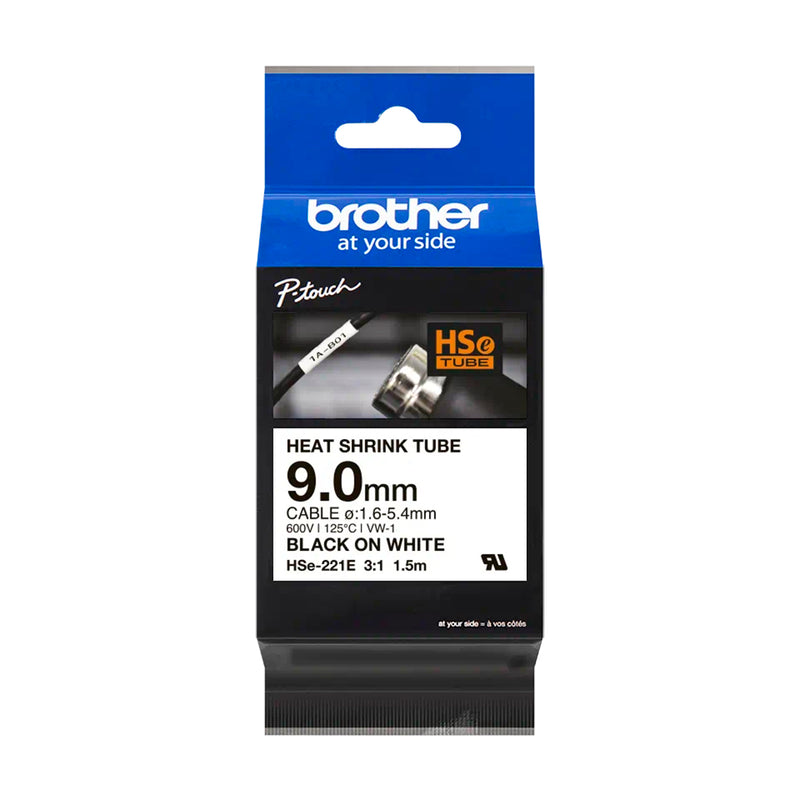 Brother HSe221E Cinta Tubo Termorretractil Original de Etiquetas para Cables - Texto negro sobre fondo blanco - Ancho 9mm x 1.5 metros - Cable recomendado Ø 1.6mm a 5.4mm