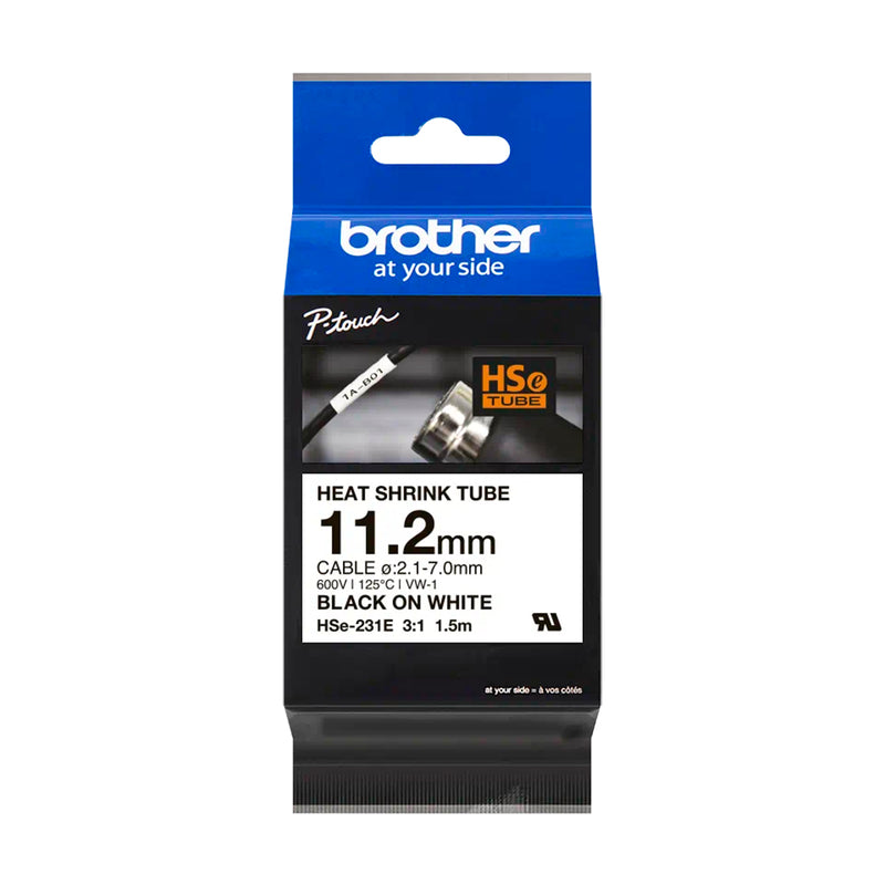 Brother HSe231E Cinta Tubo Termorretractil Original de Etiquetas para Cables - Texto negro sobre fondo blanco - Ancho 11.2mm x 1.5 metros - Cable recomendado Ø 2.1mm a 7.0mm