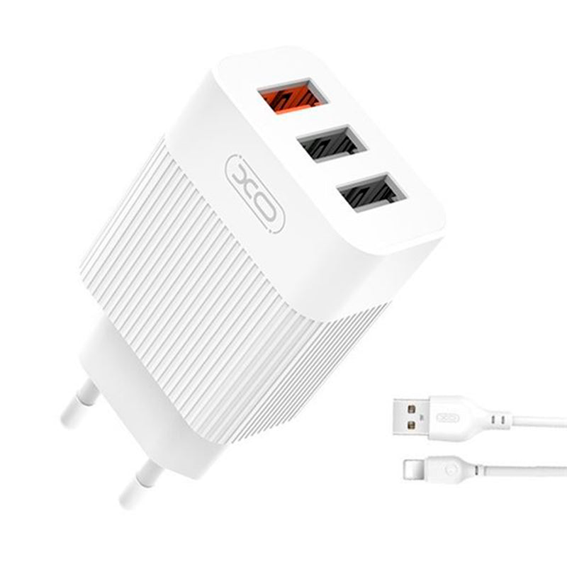 XO L72 Pack Cargador de Corriente 1x USB-A 18W Carga Rapida 3.0, 2x USB-A + Cable USB-A a Lightning