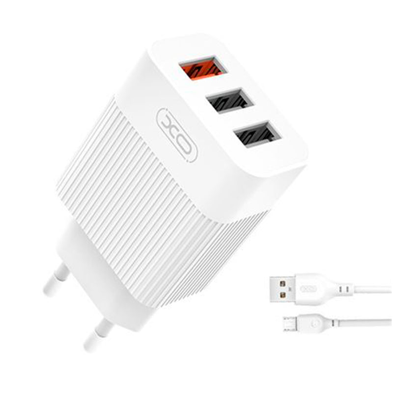 XO L72 Pack Cargador de Corriente 1x USB-A 18W Carga Rapida 3.0, 2x USB-A + Cable USB-A a MicroUSB