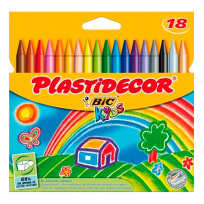 Bic Kids Plastidecor Caja de 18 Lapices de Cera - Extraresistentes - Facil de Sacar Punta - No Mancha