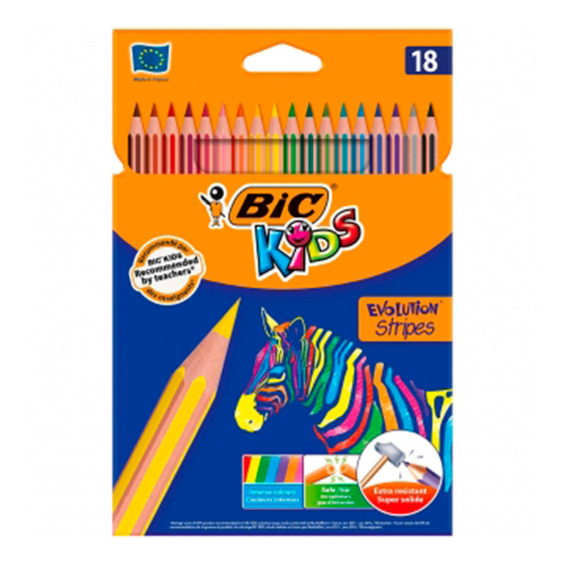 Bic Kids Evolution Stripes Caja de 18 Lapices de Colores surtidos - Fabricados en Resina - Punta Ultraresistente - Mina Pigmentada de 3.20 mm