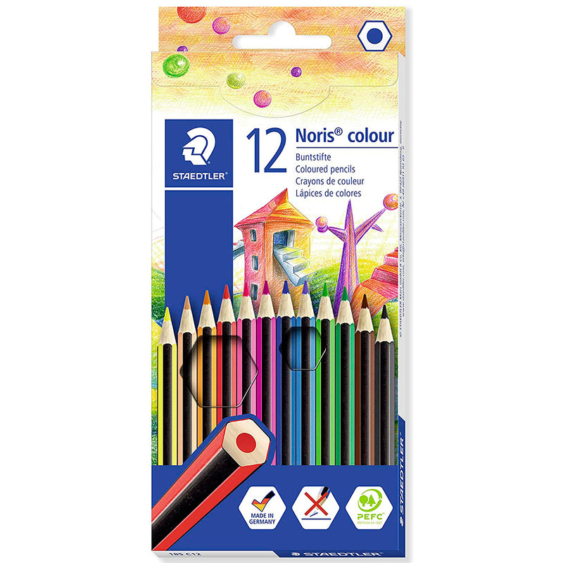 Staedtler Noris Colour 185 Pack de 12 Lapices Hexagonales de Colores - Fabricados en Wopex - Muy Resistentes - Madera de Fuentes Sostenibles - Colores Surtidos