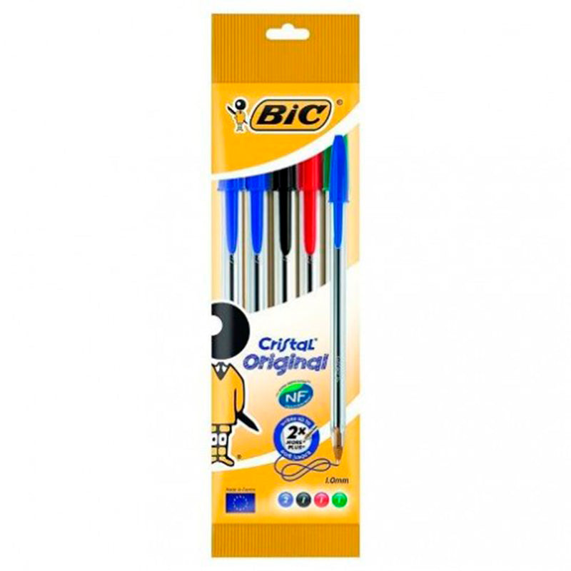 Bic Cristal Original Pack de 5 Boligrafos de Bola - Punta Redonda de 1.0mm - Trazo 0.4mm - Tinta con Base de Aceite - Colores Surtidos