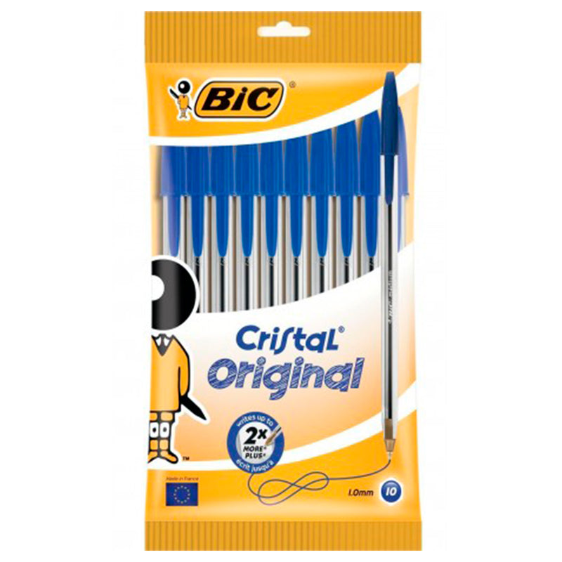 Bic Cristal Original Pack de 10 Boligrafos de Bola - Punta Redonda de 1.0mm - Trazo 0.4mm - Tinta con Base de Aceite - Color Azul