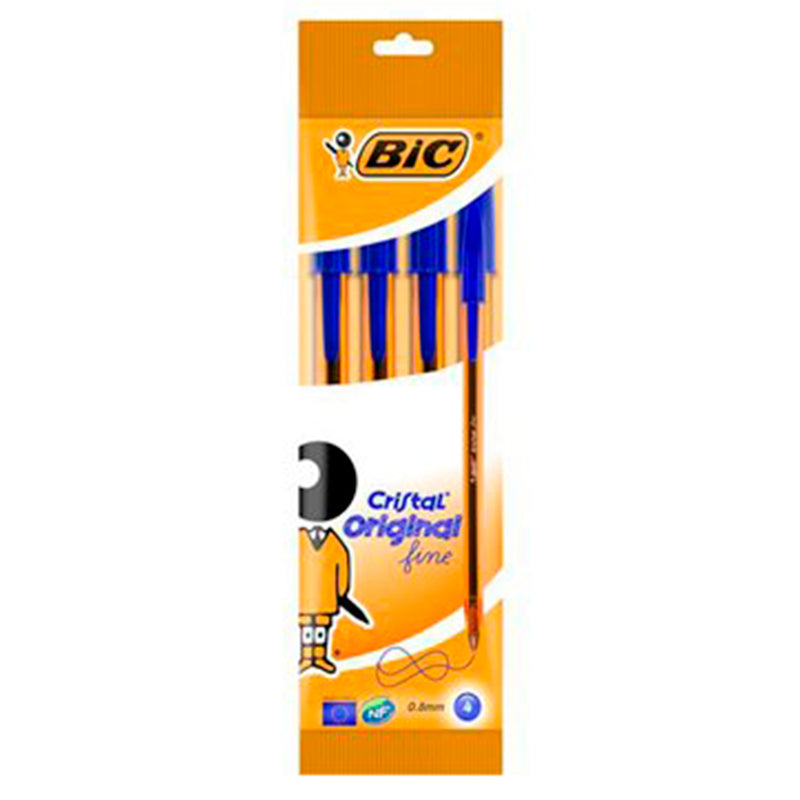 Bic Cristal Original Fine Pack de 4 Boligrafos de Bola - Punta Redonda de 0.8mm - Trazo de 0.3mm - Tinta con Base de Aceite - Color Azul