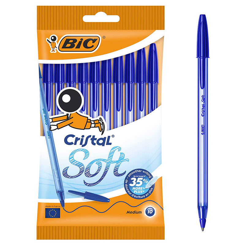 Bic Cristal Soft Pack de 10 Boligrafos de Bola - Punta Media de 1.2mm - Trazo 0.45mm - Escritura mas Fluida - Color Azul