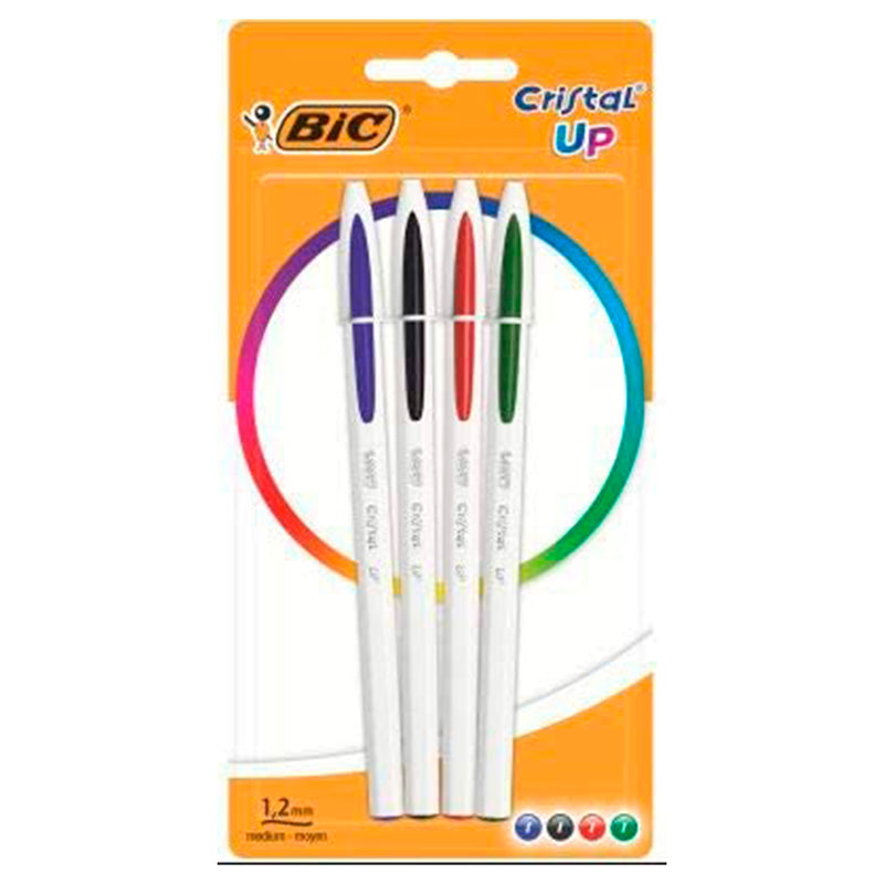 Bic Cristal Up Pack de 4 Boligrafos de Bola - Punta Redonda de 1.2mm - Trazo 0.6mm - Tinta con Base de Aceite - Cuerpo Blanco - Colores Surtidos