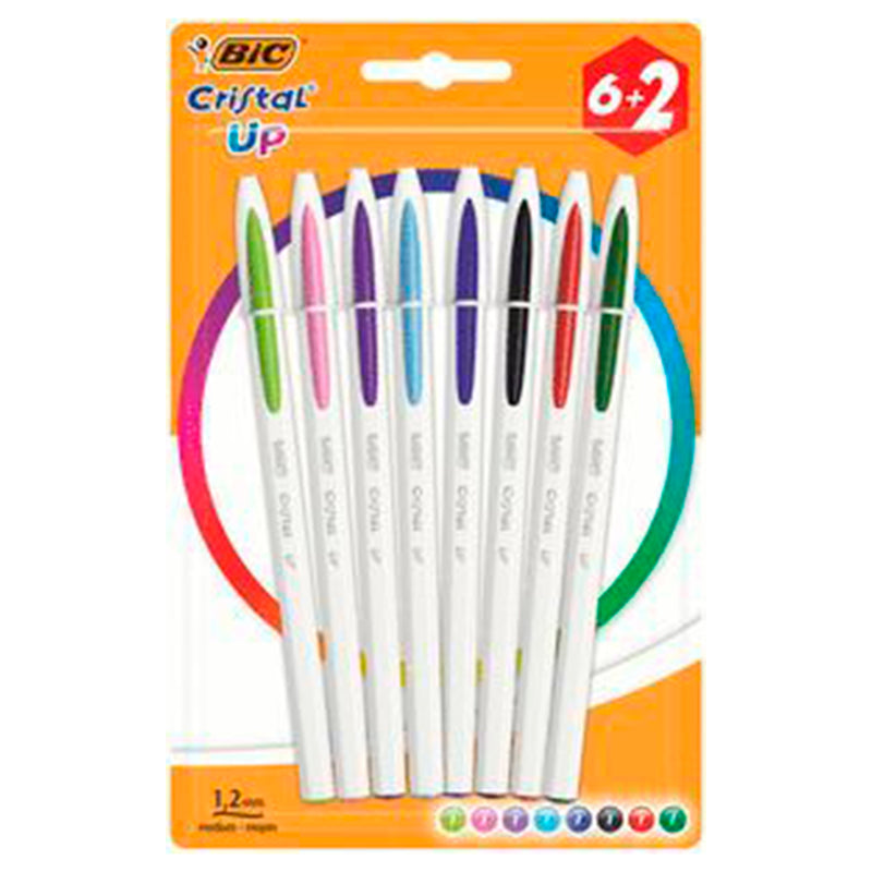 Bic Cristal Up Pack de 8 Boligrafos de Bola - Punta Redonda de 1.2mm - Trazo 0.6mm - Tinta con Base de Aceite - Cuerpo Blanco - Colores Surtidos