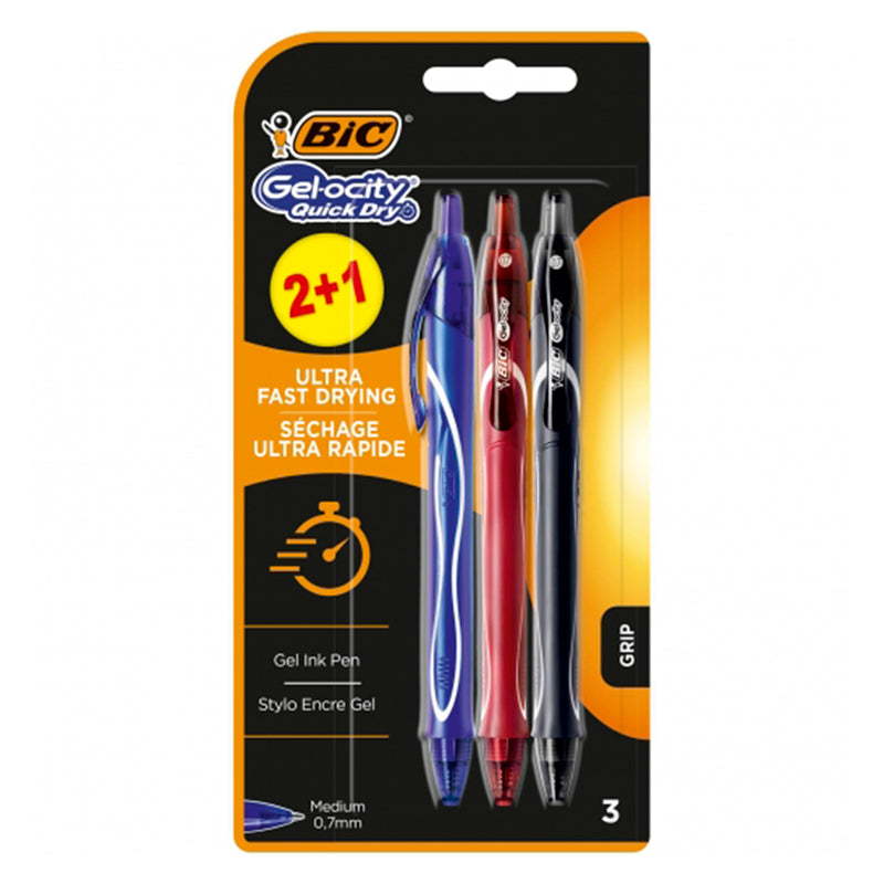 Bic Gel-Ocity Quick Dry 2+1 Pack de 3 Boligrafos Retractiles - Grip de Goma - Punta Media de 0.7mm - Secado Ultra Rapido - No Mancha el Papel - Colores Surtidos