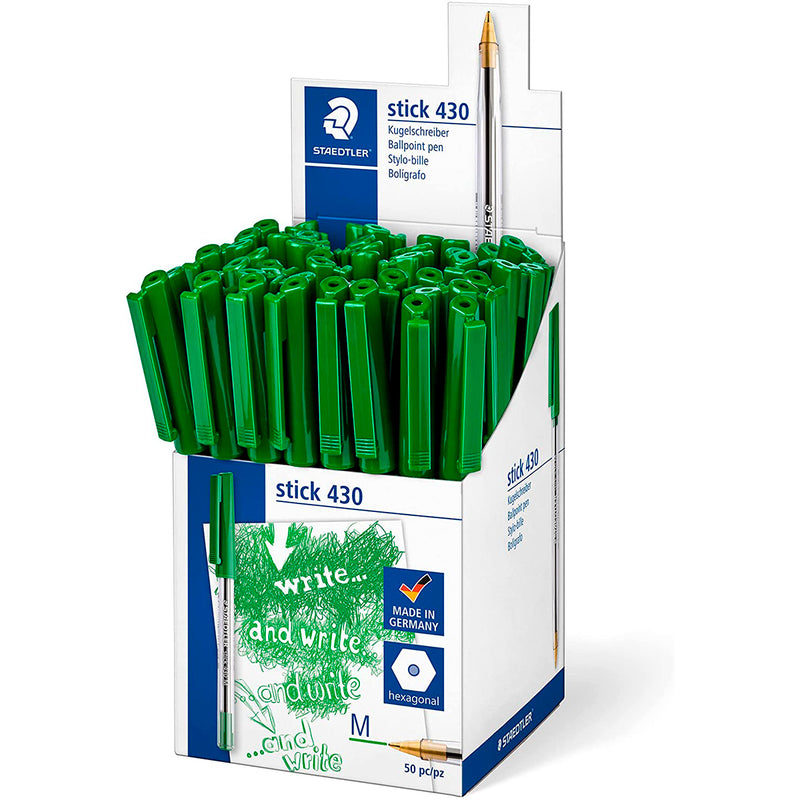 Staedtler Stick 430 Boligrafo con Capuchon - Punta 0.35mm - Tinta Endeleble - Color Verde (50 unidades)