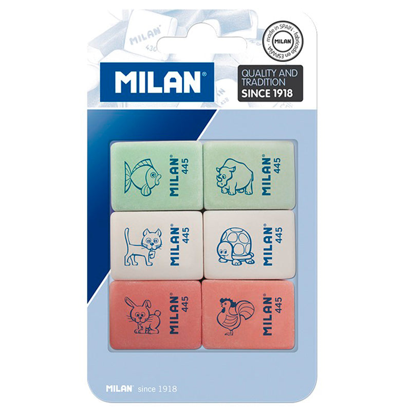 Milan 445 Pack de 6 Gomas de Borrar Rectangulares - Miga de Pan - Suave Caucho Sintetico - Dibujos Infantiles - Colores Surtidos