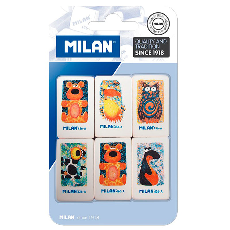 Milan 436A Pack de 6 Gomas de Borrar Rectangulares - Miga de Pan - Caucho Suave Sintetico - Dibujos Infantiles Surtidos - Color Blanco