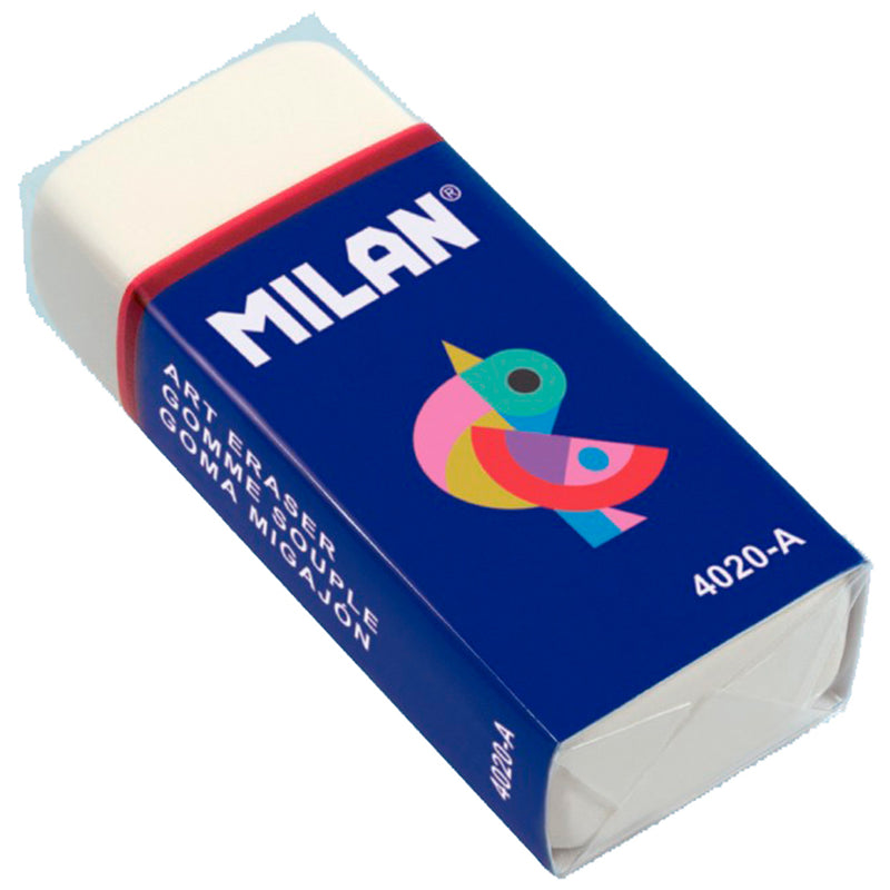 Milan 4020A Goma de Borrar Rectangular - Miga de Pan - Suave - Caucho Sintetico - Faja de Carton Azul - Dibujos Surtidos - Color Blanco (20 unidades)