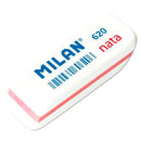 Milan Nata 620 Goma de Borrar Biselada Pequeña - Plastico Suave - No Abrasiva - Color Blanco con Ribete de Colores Surtidos (20 unidades)
