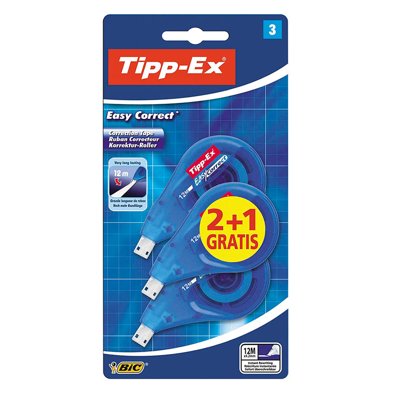 Tipp-Ex Easy Correct 2+1 Pack de 3 Cintas Correctoras 4.2mm x 12m - Resistente - Escritura Instantanea (Blister)