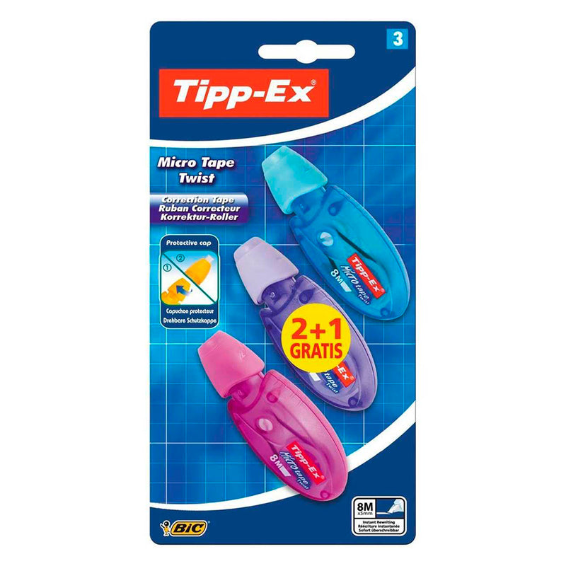 Tipp-Ex Micro Tape Twist 2+1 Pack de 3 Cintas Correctoras 5mm x 8m - Cabezal Rotativo - Escritura Instantanea (Blister)