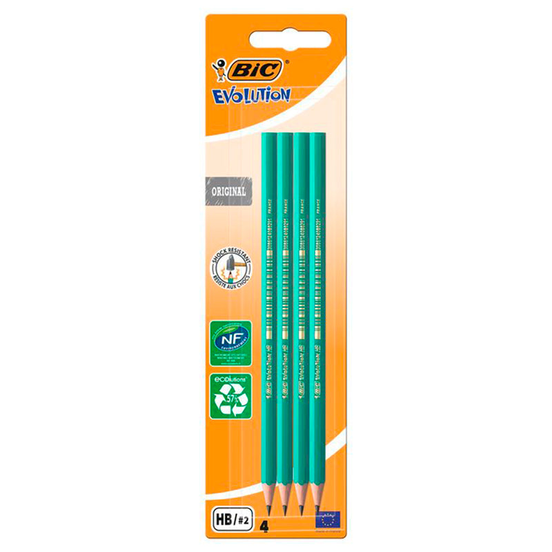 Bic Evolution Pack de 4 Lapices de Grafito Hexagonal - Mina HB Ultrarresistente - Sin Madera - No se Astilla