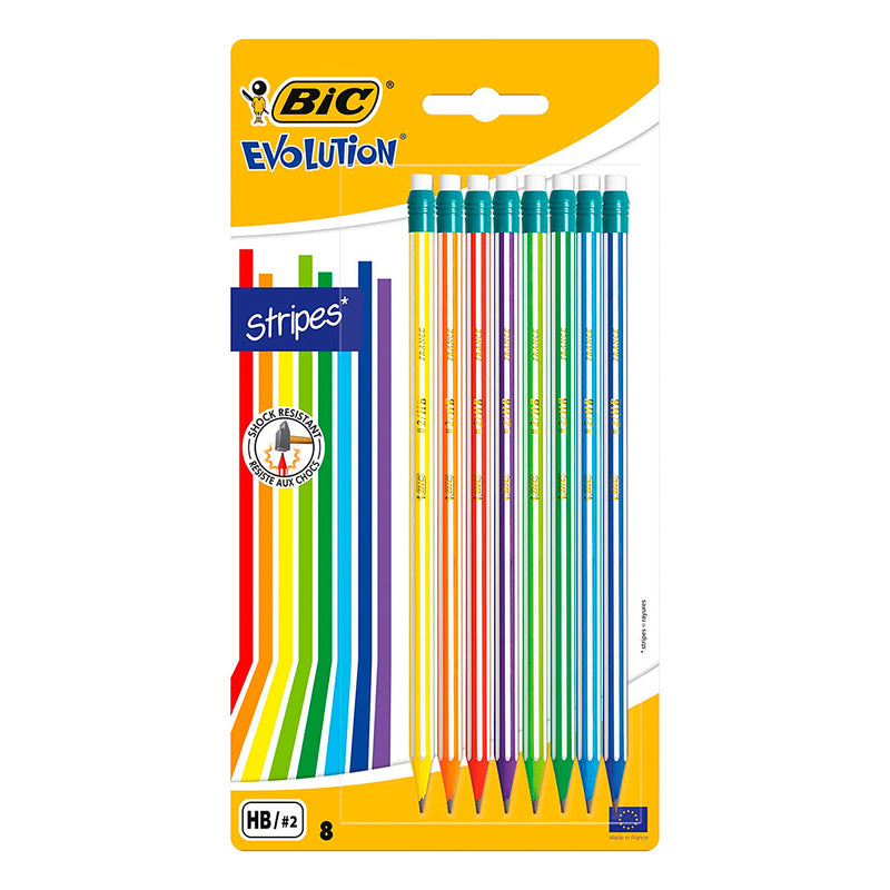 Bic Evolution Stripes Pack de 8 Lapices de Grafito Hexagonales con Goma de Borrar - Mina HB Ultraresistente - Fabricados en Resina Sintetica - Cuerpo de Colores Surtidos