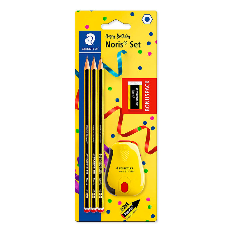 Staedtler Noris 120 Pack de 3 Lapices de Grafito Hexagonales + Goma de Borrar + Sacapuntas con Depósito - Mina HB Ultrarresistente de 2mm - Madera de Bosques Sostenibles