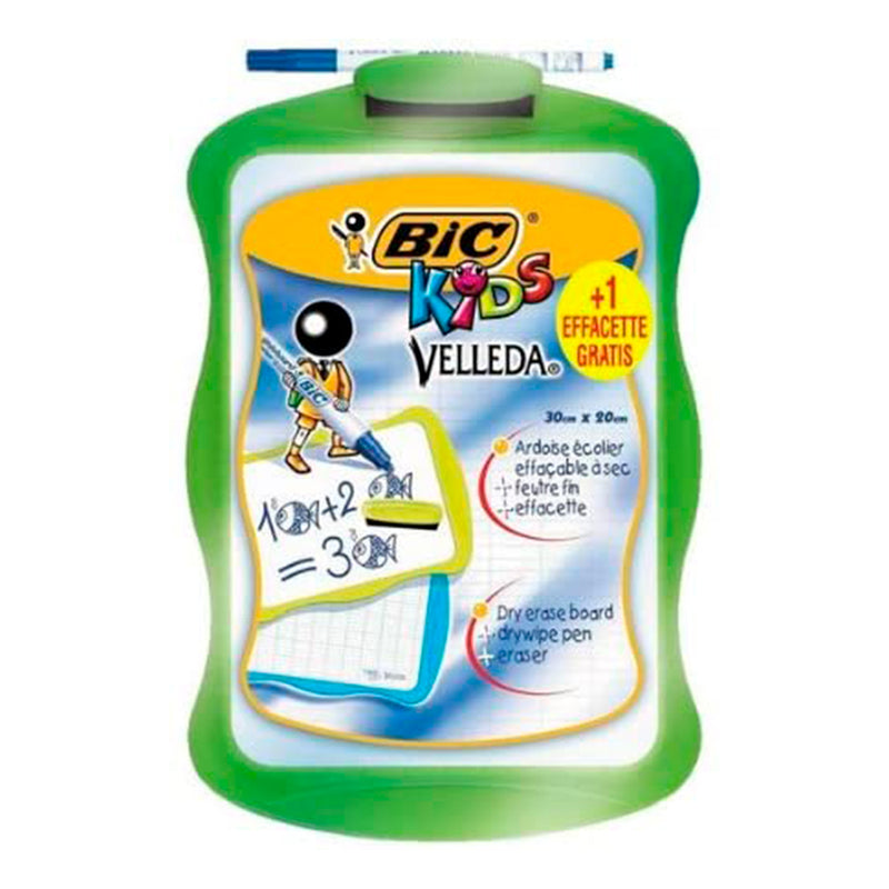 Bic Velleda Kids Pizarra Escolar Blanca y Milimetrada + 1 Marcador Velleda Azul + 1 Borrador - Dimensiones: 20x30cm - Colores Aleatorios