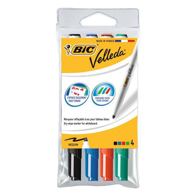 Bic Velleda 1741 Pack de 4 Rotuladores para Pizarra - Punta Media - Trazo de 1.4mm - Borrado Optimo - Colores Surtidos